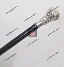 Vintage Antique Silver Knob Brass Style Black Wood Victorian Walking Stick Cane