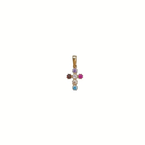 9K kleiner massiver Gelbgold Kreuz Anhänger Kruzifix. Mehrfarbige Zirkonia.