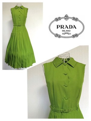 PRADA Shirt Dress Green Size 40 Pleated Long Dress 104 cm Length