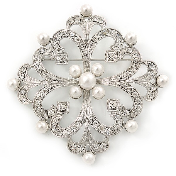 'Old Hollywood' White Simulated Pearl, Clear Crystal Square Brooch In Rhodium