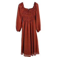 Skies Are Blue Smocked Midi Dress Size M Rust Orange Textured Long Sleeve Boho