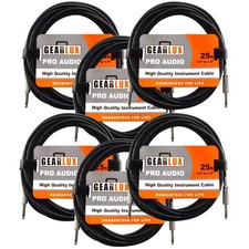 6 Pack Black Guitar Cables - 25ft Straight to Straight