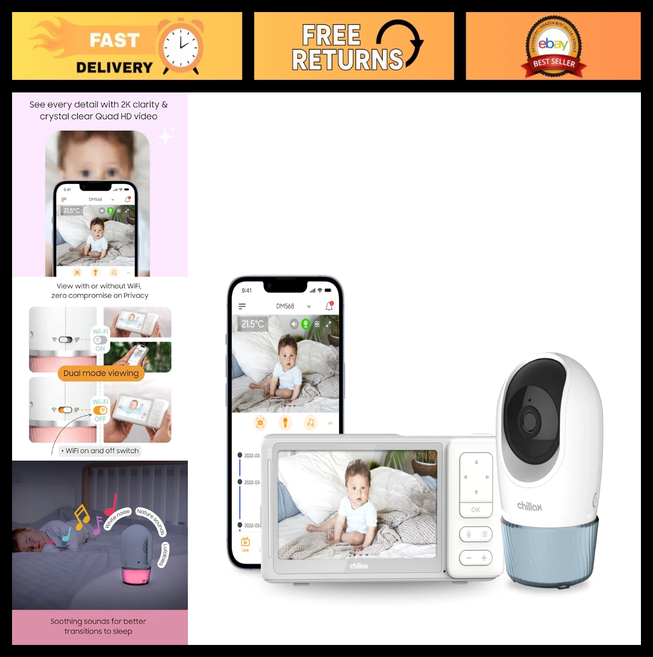 2K QHD Video Baby Monitor with Camera & Audio, 5" Color Screen, Night Light, Rem