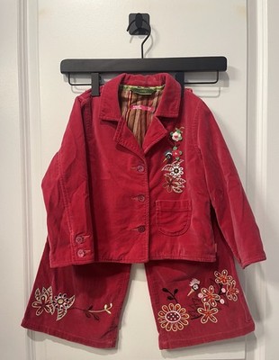Oilily Girls Red Corduroy Embroidered Jacket and Pants Set Size 4 Years