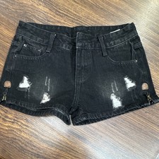 Women  s Black Denim Cut Off Shorts Size M Flat Front 5-Pocket Zipper Accents