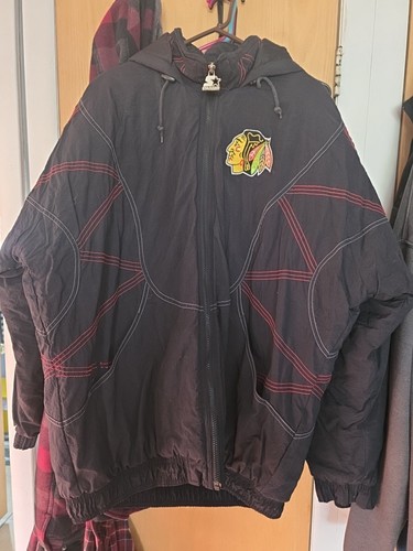 Vintage Starter NHL Chicago Blackhawks Full Zip Spellout Jacket Coat Hooded XL - Picture 1 of 10