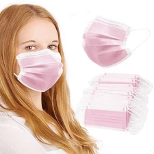 100Pcs Pink Disposable Face Mask, 3 Ply Masks with Soft Elastic Ear Loops