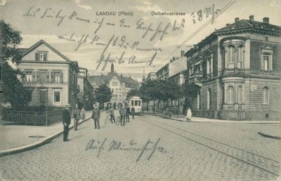Postcard Landau Palatinate 1914 Ostbahnstrasse people tram