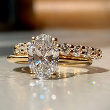 3 CTW Oval Cut Moissanite Wedding Band Bridal Set Ring In 14K Yellow Gold Plated