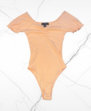 Primark Beige Ribbed Ruched Short Sleeve Stretch Bodysuit Women's 2XS