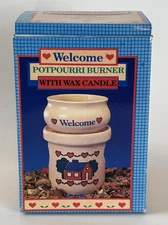 Welcome Potpourri Burner with Wax Candle Vtg Giftco Cute Country House Hearts