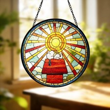 Snoopy  Woodstock Stained Glass Suncatcher, Peanuts Doghouse Window Art