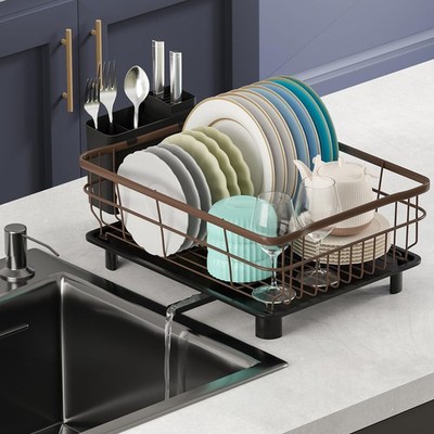 AIDERLY Iron Dish Drying Rack with Drainboard for Kitchen Counter, Extendable, B