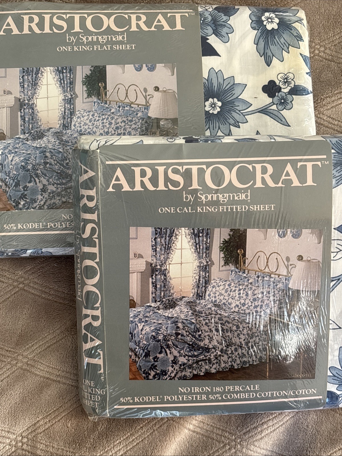 Aristocrat Springmaid Vintage King Flat Sheet Blue White Floral NEW Cottage USA