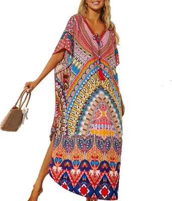 Kaftan Damen Lange Boho Strandkleider Sommer Maxikleid Pareo Bikini Cover Ups