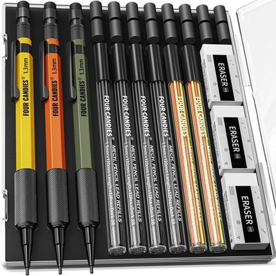 Four Candies 1.3Mm Mechanical Pencil Set 72 Lead Refills 3Pcs Metal