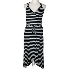 Love Fire Dress Women Size L Back White Striped Sleeveless Wrap V Neck Casual