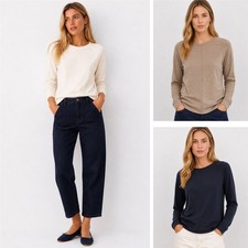 Jaeger Womens Seam Detail Top Long Sleeve Jersey Crew Neck Stretch Ivory Navy