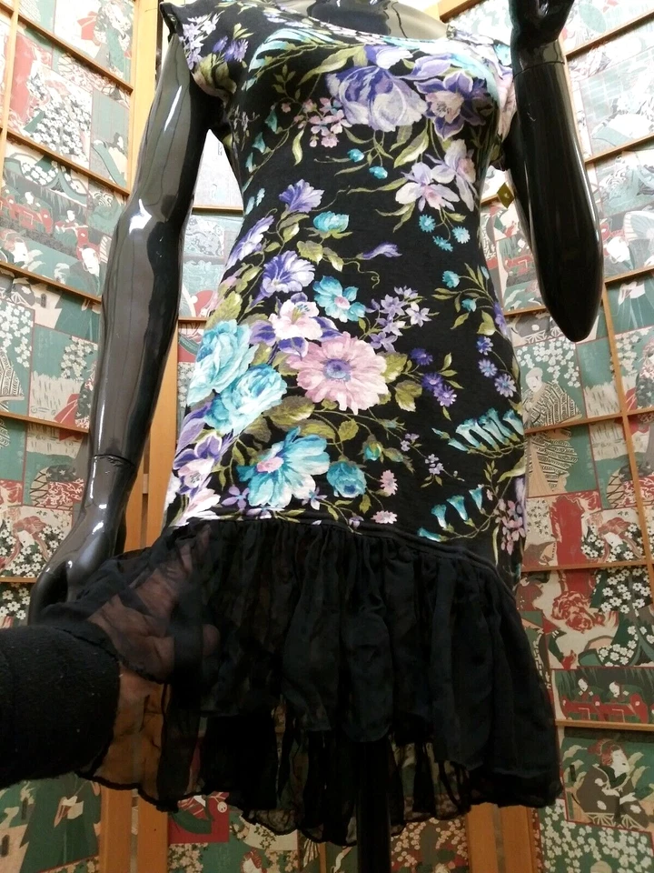 Vestido New Wave Años 80 S JAY JACOBS Gasa Floral Elastizado CUB WEAR Estilo Hip Hop Foto 4 de 4
