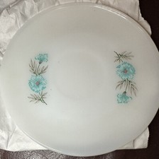 VINTAGE FIRE KING Oven Ware Saucer Plate Blue Flower Bonnie Floral White USA 6"