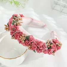 LUXURY HANDMADE PINK FLOWER PADDED HEADBAND WITH PEARLS, RHINESTONES  BEADS