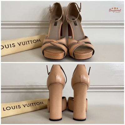 Authentic Louis Vuitton Nude Brown Distressed Leather Open Toe