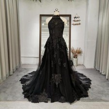 Retro Gothic Wedding Dress Strap Collar Black Lace Sweeping Train Bridal Gown