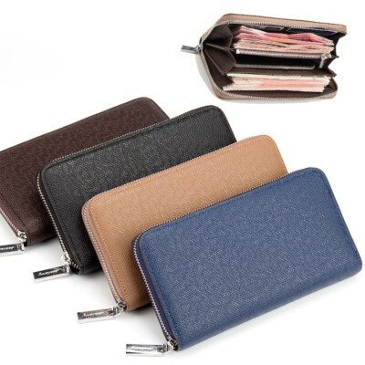 Men Leather Clutch Wallets Long Zipper Credit Card Holder Purse Business Handbag