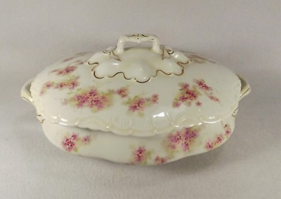 Antique P & H  Austrian Porcelain Covered Vegetable Dish Pink Flowers Beautiful