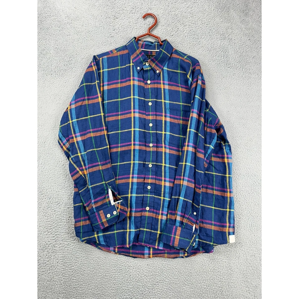 Mine Shirt Adult XL Blue Plaid 100% Linen Button Down Long Sleeve Pocket Mens - Image 4 of 4