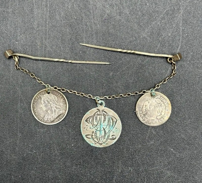 Antique Handmade Silver  love coin  brooch pin- Victorian era - late 19th c 
