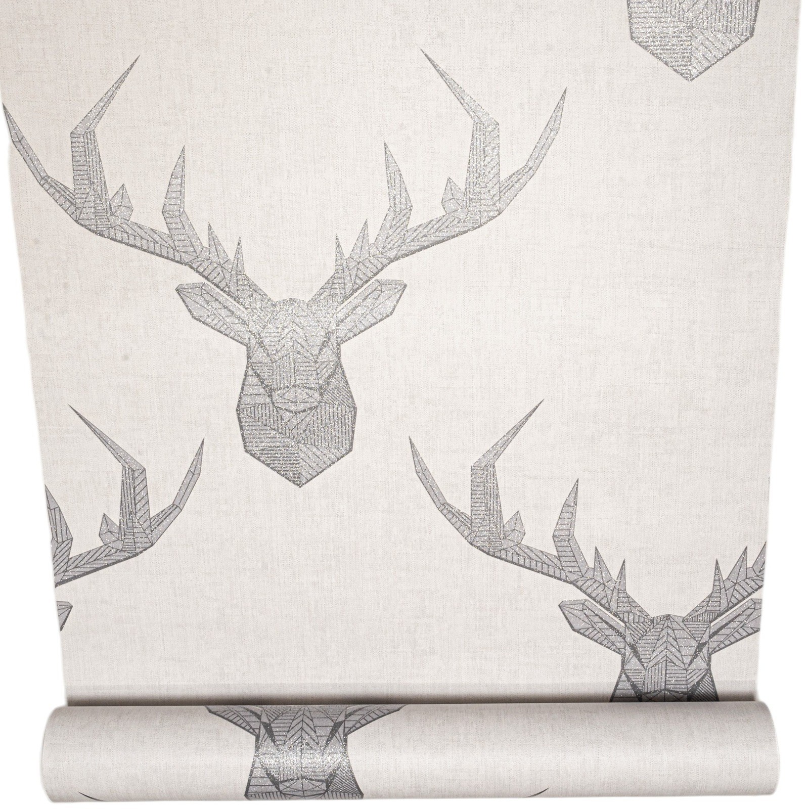 Off White Stag Wallpaper Grey Geometric Silver Glitter Shimmer Feature Wall