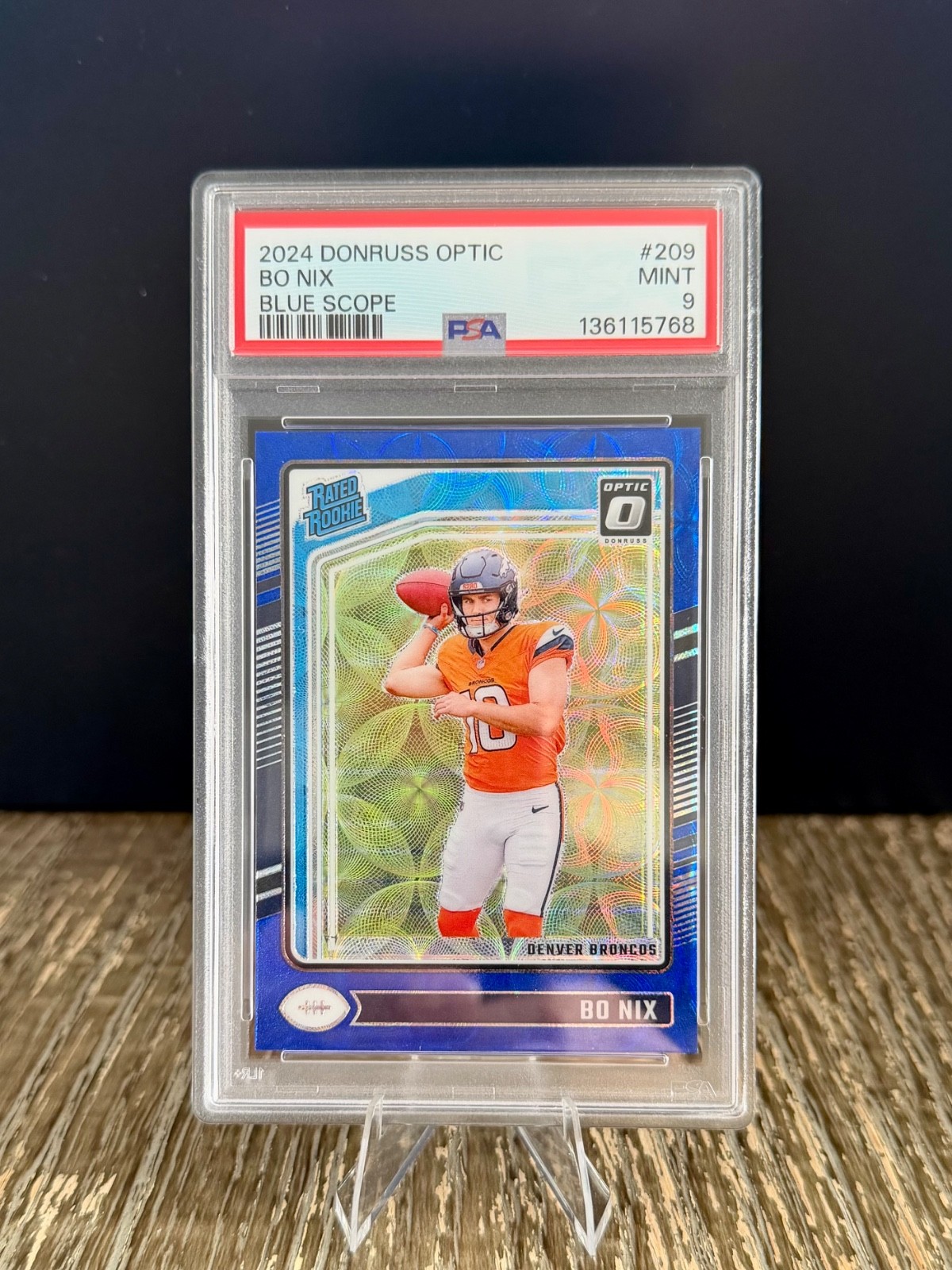 Bo Nix 2024 Panini Donruss Optic Blue Scope PSA 9 - #209 RC Denver Broncos