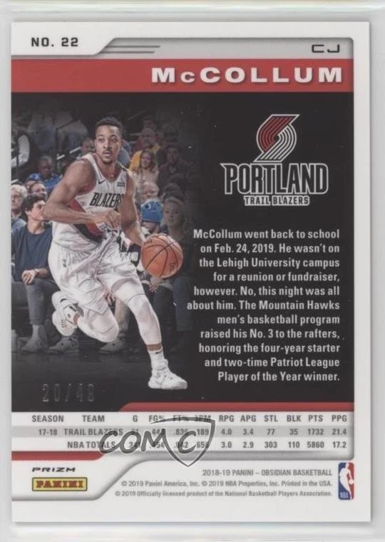2018-19 Panini Obsidian Electric Etch Purple Prizm /49 CJ McCollum #22 - Image 2 of 2