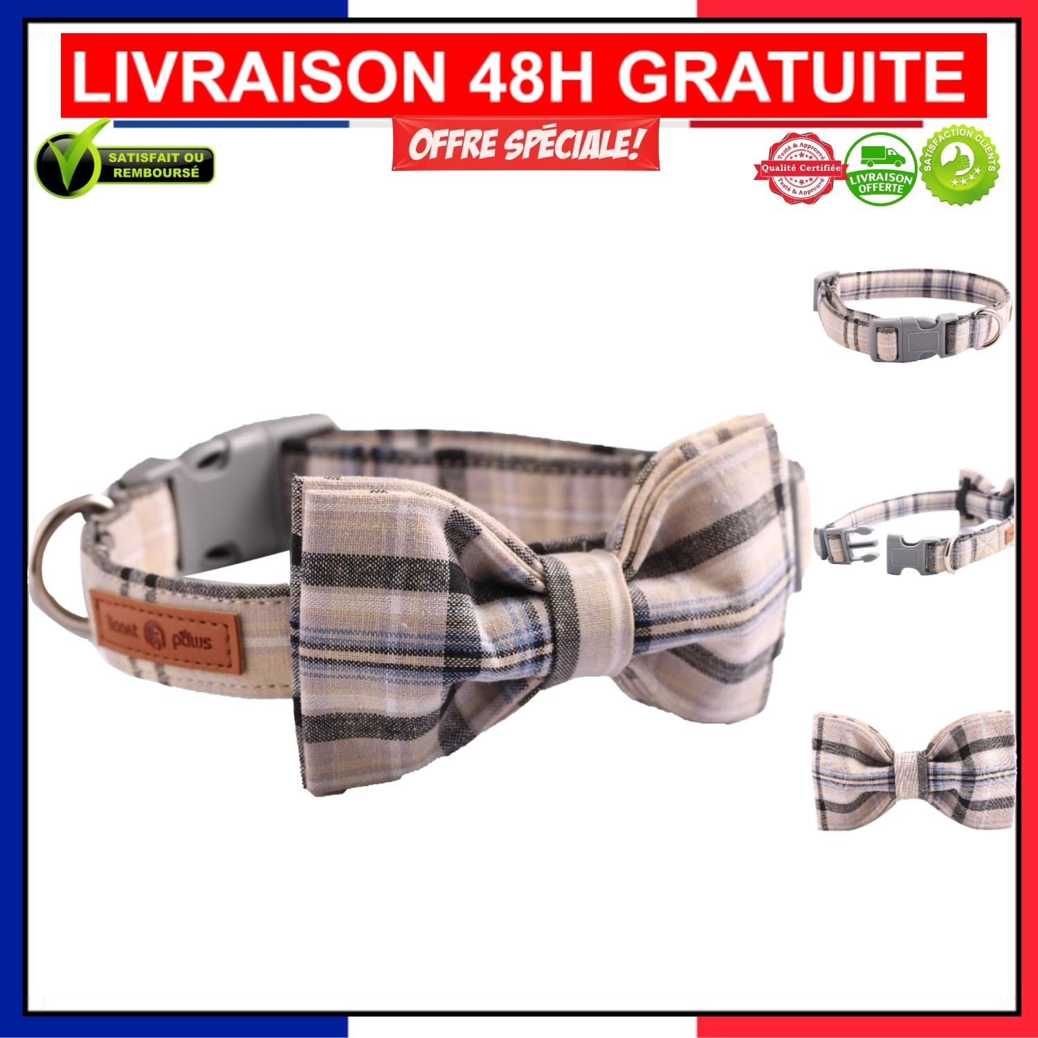 Collier en coton pour chats et chiens réglable 25cm accessoire de cou motif écossais
