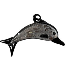 Hand Blown Glass Dolphin Pendant Black Silver Art Glass Charm