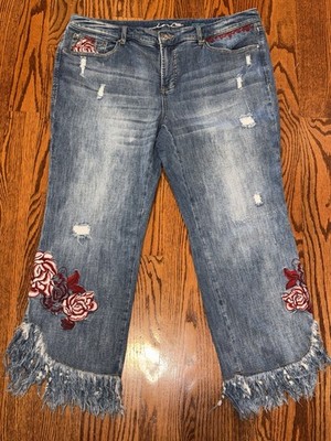 INC MACYS Embroidered Boho Jeans 18W Roses Cropped Fringe Hippie Floral Slimming