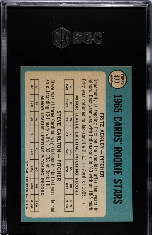 ⚾️🟥Steve Carlton�⚾️ 1965 年 Topps #477 名人堂新秀 RC SGC 6 复古红雀 — 第 2/3 张图片
