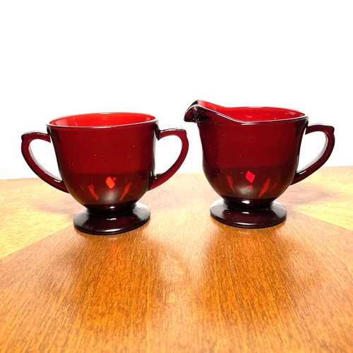 Vintage Anchor Hocking Royal Ruby Red Glass Footed Sugar and Creamer Set