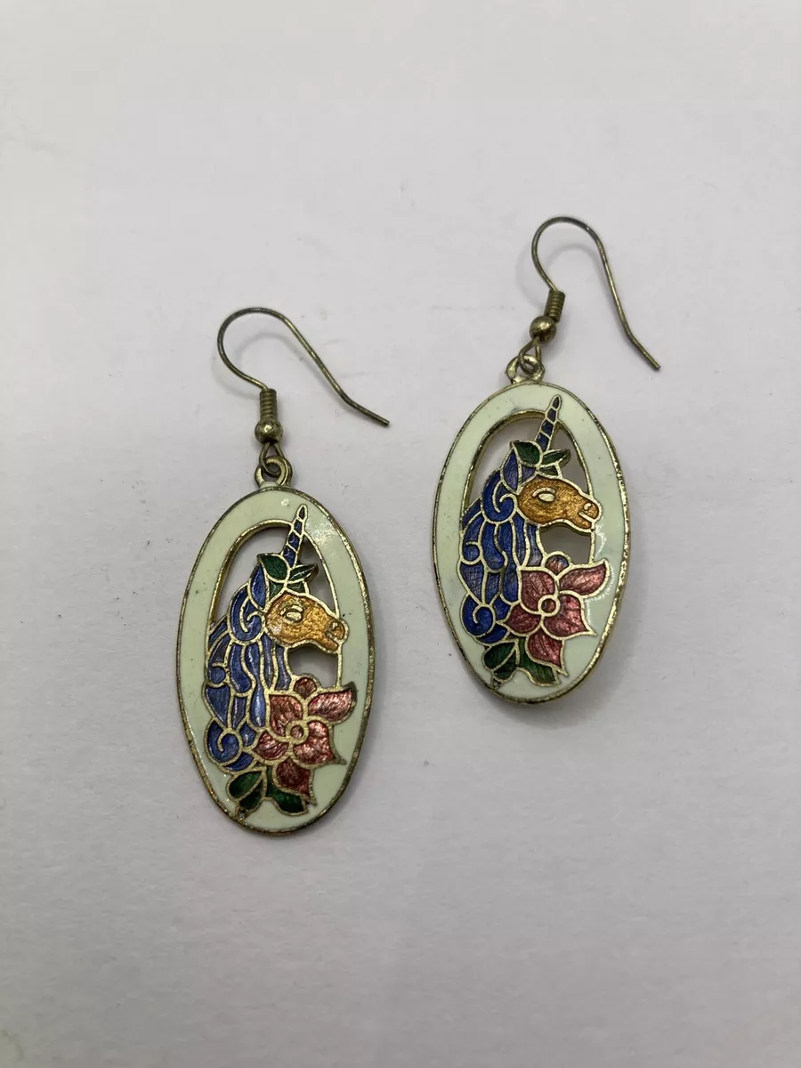 Vintage Cloisonne Earrings Gold Tone Unicorn Enamel Oval Dangle eBay