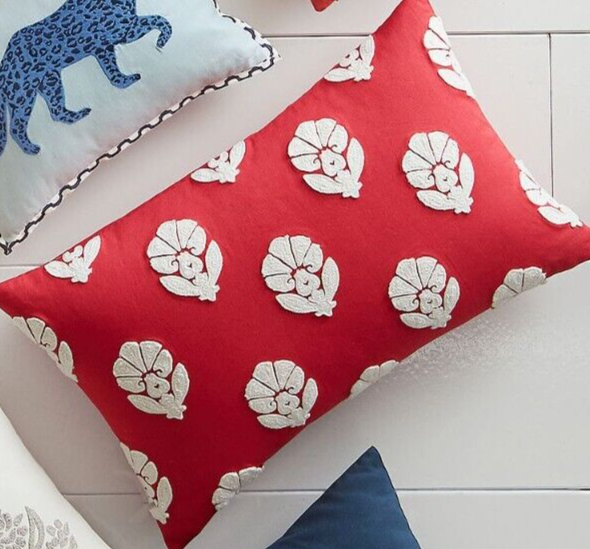 TWO Pottery Barn Yara Embroidered Lumbar Pillow Covers, Red, 16