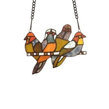 Tiffany Style Stained Glass Window Panel Starling Birds On Perch 6" H x 8" L