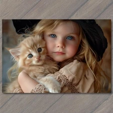 4x6"  Girl Cat Blue Eyes Pet Old Vibe Unusual Cute Beautiful Strange Fun