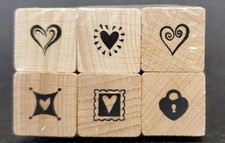 STAMP CRAFT 2003 2993Q SET 6 HEARTS VALENTINES WOOD BASE RUBBER STAMPS NIP