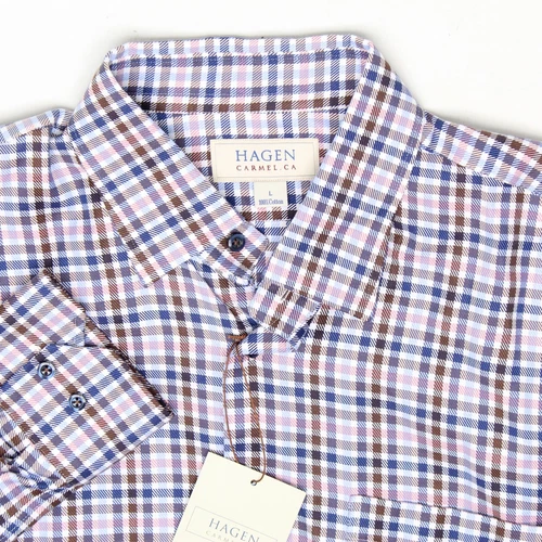 NWT Hagen Carmel Shirt Mens L Blue Brown Pink Plaid Cotton Long Sleeve