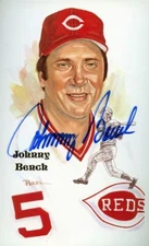 JOHNNY BENCH AUTOGRAPHED PEREZ STEELE HALL OF FAME ART  POSTCARD CINCINNATI REDS