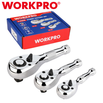 WORKPRO 3PC Stubby Ratchet Set Quick Release 1/4'' 3/8'' 1/2'' Drive Ratchet Handle
