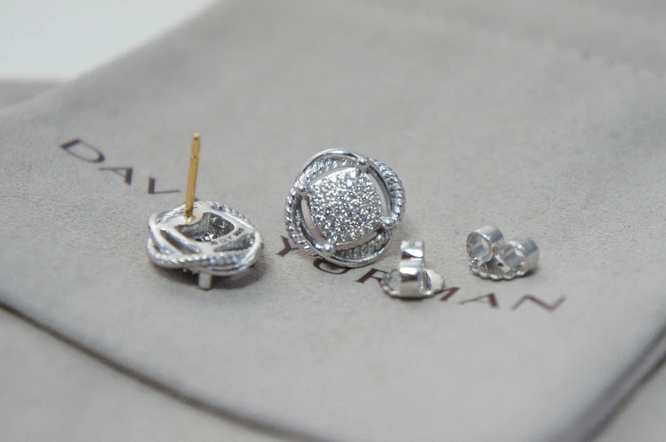 David Yurman Diamond INFINITY 925 Sterling 585 Post Stud Earrings Yurman Pouch - Image 4 of 4