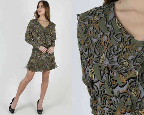 Vintage 80s Silk Cocktail Party Dress Ornate Flora
