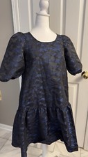 ZARA Jacquard Dress With Puff Sleeves in Navy Blue XS New w/o Tags